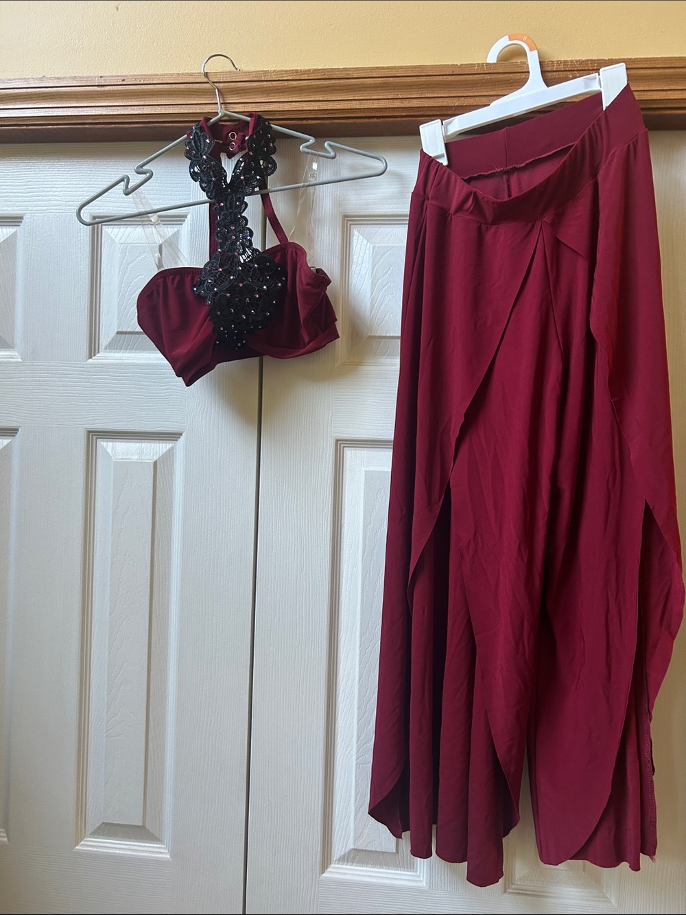 Women's Burgundy Two-Piece Skirt Set with Embellished Halter Top. Dance Costume
